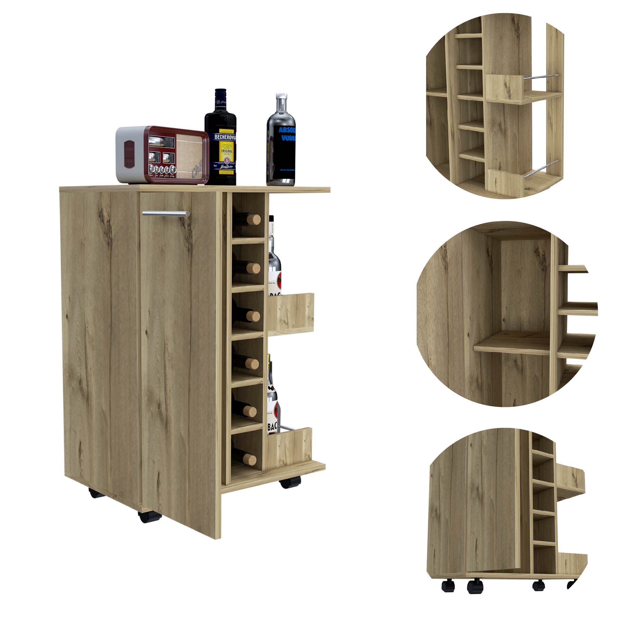 Bar Cart, Two External Shelves, Four Casters, Six Built-in Wine Rack, Single Door Cabinet -Light Oak